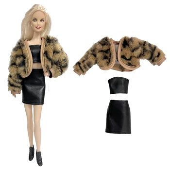 NK 1 Комплект Одежды Модная Шуба + Топ + Черное платье Теплая Одежда Для Кукол Барби Одежда Аксессуары Для Кукол Игрушки Для девочек