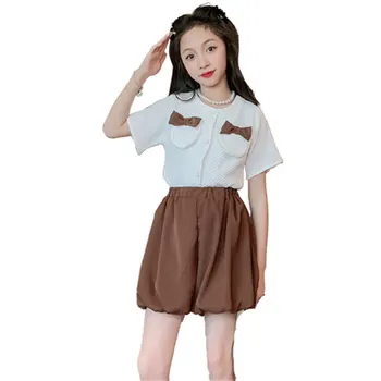 Комплект одежды для девочек, летние модные топы с бантом + шорты, 2 шт., черный, Хаки, хлопковый повседневный костюм Корейской принцессы для подростков, наряды