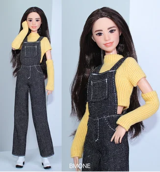 Комплект одежды/ желтый свитер + джинсы, нагрудник, подтяжки/ 30 см кукольная одежда зимняя одежда Для 1/6 Xinyi FR ST Куклы Барби