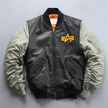 2022, мужская летная куртка из овчины высшего качества MA-1, Винтажный бейсбольный бренд, Мотоциклетный байкер, пальто из натуральной кожи большого размера.