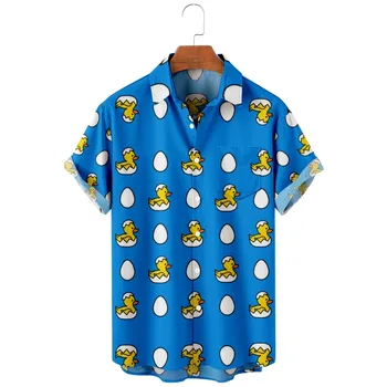 2022 Новая Синяя рубашка, Мужская рубашка с Милой Уткой, Повседневный Дышащий Топ с коротким рукавом, Модный Лацкан на одной пуговице, Гавайская мужская пляжная рубашка