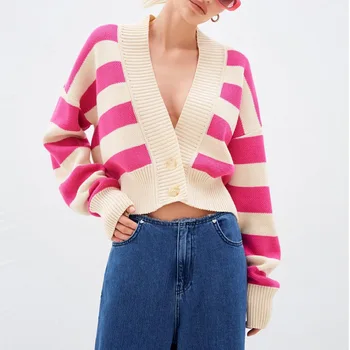 2023 Весенне-осенний свитер Женский в контрастную полоску, свободный дизайн, вязаный кардиган с V-образным вырезом, куртка с длинными рукавами на пуговицах, женский