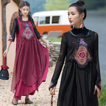 2023 китайский этнический стиль, новый жилет с вышивкой, дизайн с нерегулярным подолом, свободное повседневное национальное элегантное длинное платье s193