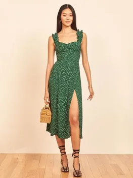 2023 Летнее Новое Зеленое повседневное Сексуальное Темпераментное платье с цветочным рисунком в горошек, с деревянными ушками, с разрезом по бокам, женское платье-слинг