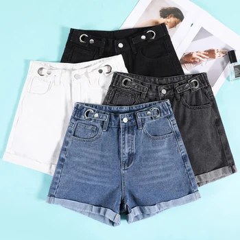 2023 Летние женские джинсовые шорты, свободные Корейские модные короткие джинсы трапециевидной формы с высокой талией, Женская повседневная одежда, Черный, Серый, Синий