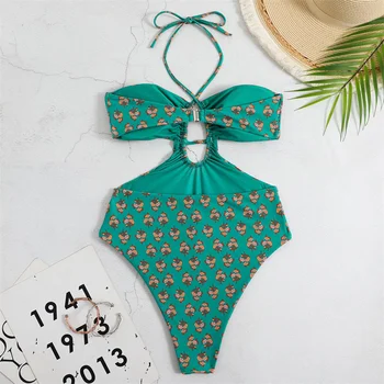 2023 Марокканский купальник с плиссированным вырезом и принтом, купальник с глубоким V-образным вырезом, цельный купальник Пуш-ап, пляжная одежда, монокини с открытой спиной
