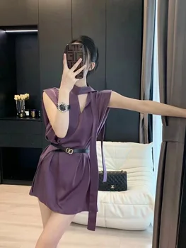 2023 Новейшая мода, высококачественное Фиолетовое приталенное платье с индивидуальным поясом, праздничный тренд, популярные цельнокроеные шорты в западном стиле