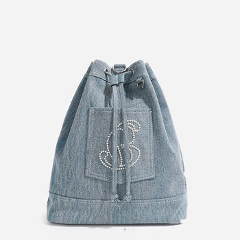 2023 Оригинальный Модный джинсовый женский рюкзак на шнурке со стразами, повседневная сумка для женщин, рюкзаки для отдыха и путешествий большой емкости