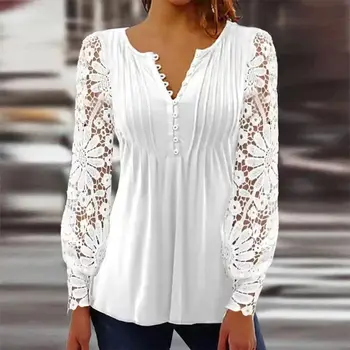 2023 Повседневная Весенне-летняя женская рубашка с винтажной вышивкой на пуговицах, V-образный вырез, Открытая кружевная блузка с цветочным рисунком, топы, пуловеры