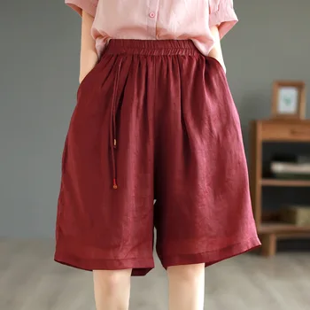 23New Женские шорты Ramie Летние в стиле Mori Girl, однотонные Свободные брюки длиной до колена с двойным лайкром, Дикие