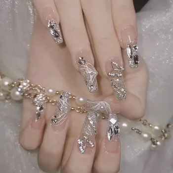 24шт Длинные балетные накладные ногти с серебряными бриллиантами и бабочками, роскошные накладные ногти невесты, нанесенные на кончики искусственных ногтей