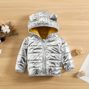 4 Цвета зимних пальто для малышей, маленьких мальчиков и девочек, пальто с капюшоном с медвежьими ушками, блестящая молния, легкая пуховая куртка-пуховик, верхняя одежда