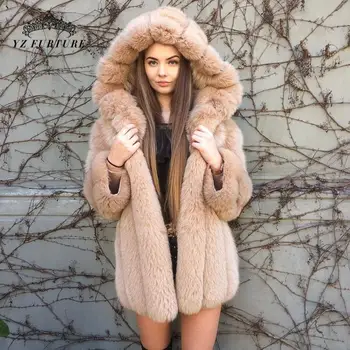 75 см Женская натуральная шуба из натурального лисьего меха с меховым капюшоном Модные куртки 2020 года, пальто из натурального лисьего меха, тонкая толстовка с капюшоном, зимняя женская натуральная лиса