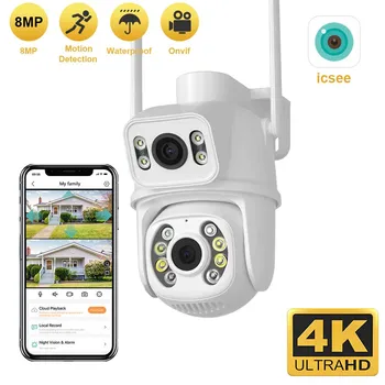 8-Мегапиксельная 4K PTZ Wifi камера с двойным объективом и двойным экраном, автоматическое отслеживание Ai Human Detect, Беспроводная камера наружного наблюдения iCSee App