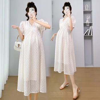 9687 2023 Летнее Корейское модное длинное платье Миди для беременных, Элегантная приталенная одежда А-силуэта для беременных, милая стильная беременность
