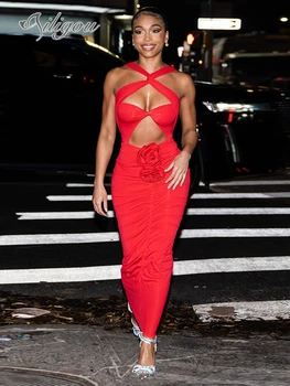 Ailigou 2023 Новое женское красное платье с сексуальным вырезом и открытой спиной, 3D Цветочный дизайн, Длинное платье с подвеской без рукавов, вечерние платья для вечеринок