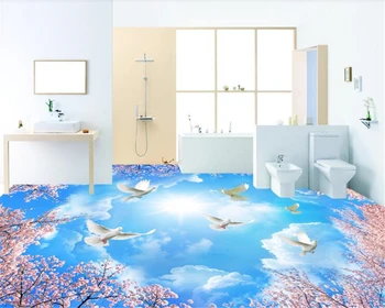 beibehang Виниловые обои wall3d На заказ Фотообои HD Sakura Blue Sky 3D Напольная плитка Водонепроницаемое самоклеящееся покрытие из ПВХ