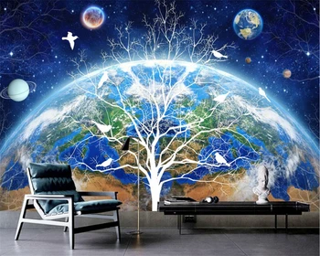 beibehang Индивидуальные современные новые европейские обои земля звездное небо простое дерево цветок и птица ТВ фон papel de parede обои