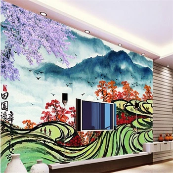 beibehang Крупномасштабные обои на заказ, китайская акварель, террасы, пейзажная живопись, гостиная, фон для телевизора, настенные росписи