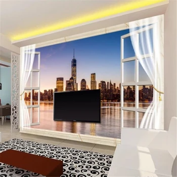 Beibehang Пользовательские Обои 3D фотообои Окно Ночной Вид На Нью-Йорк Гостиная Спальня диван Фон Обои 3d фреска