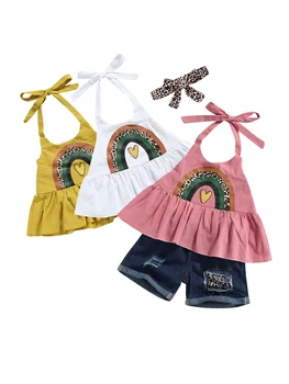 Citgeett летние дети девочки жилет и шорты модный костюм радуги Холтер топы леопардовые лоскутные джинсовые шорты одежда