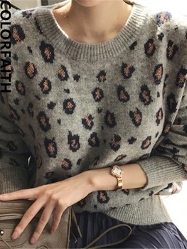 Colorfaith SW9539 Новинка 2023 года, осенне-зимние женские свитера, пуловеры, Леопардовый трикотаж в корейском стиле, женский оверсайз Джемперы Wild