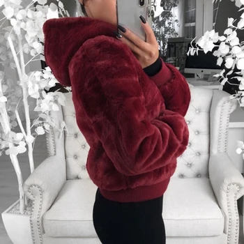 DIHOPE 2020, новое женское пальто из искусственного меха с капюшоном, модная тонкая черно-красная куртка из искусственного меха, пальто из искусственного кроличьего меха