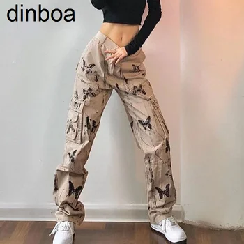 Dinboa-2023, изготовленные на заказ Тактические брюки-карго с несколькими карманами, женская уличная одежда с принтом бабочки, широкие повседневные прямые брюки-карго