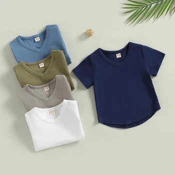 FOCUSNORM, 5 цветов, летние футболки для маленьких мальчиков, классические топы с коротким рукавом и V-образным вырезом, однотонная свободная одежда