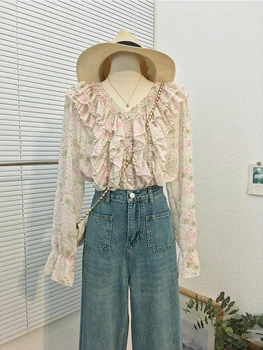 Iyundo 2023 Весенне-летняя Женская рубашка с V-образным вырезом, блузка с рюшами, Корейская приталенная шифоновая рубашка с цветочным рисунком и длинным рукавом, Женская верхняя одежда