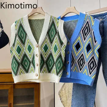 Kimotimo Женский свитер в клетку из Аргайла, Жилет в Корейском стиле с V-образным вырезом Контрастного цвета, Кардиган без рукавов, Летний Модный жилет внахлест