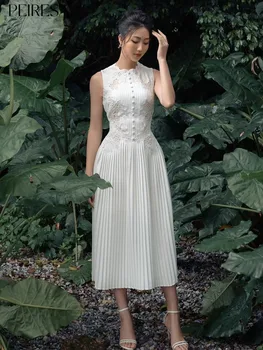 PEIRESA Роскошное дизайнерское Белое кружевное платье с вышивкой, женское платье без рукавов со стоячим воротником, Элегантные плиссированные платья Миди, мода для вечеринок 2023 года