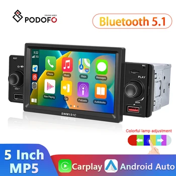 Podofo Автомобильный Радиоприемник 1Din 5-дюймовый MP5-плеер CarPlay Android Auto Stereo Bluetooth FM TF/USB Универсальный Автомобильный Мультимедийный Плеер