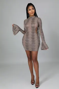 RMSFE 2021 Женское сексуальное платье с открытой спиной и рюшами, с длинным рукавом и полувысоким воротником, манжеты с рюшами и принтом Питона