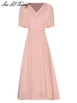 Seasixiang Модное дизайнерское весенне-летнее женское платье с V-образным вырезом, рукавом-бабочкой, блестками, открытой вышивкой, Элегантное вечернее платье