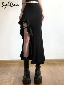 Sylcue, универсальная повседневная летняя юбка для молодых девушек, новая черная простая сексуальная крутая дышащая мягкая женская трикотажная юбка с разрезом
