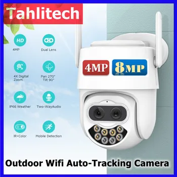 Tahlitech 4K 8-мегапиксельная двухобъективная WiFi PTZ IP-камера с 8-кратным цифровым зумом, обнаружение человека с помощью искусственного интеллекта, Беспроводное наблюдение, защита безопасности.