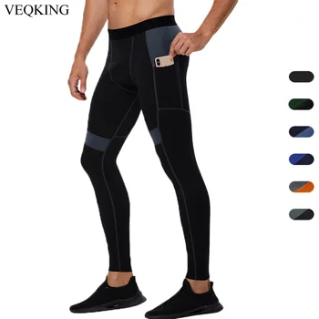 VEQKING Мужские компрессионные колготки для бега в стиле пэчворк, брюки с карманом для телефона, Эластичные леггинсы, штаны для занятий фитнесом, бодибилдингом