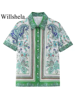 Willshela, женская однобортная блузка с модным принтом, винтажная рубашка с короткими рукавами и отворотом, женские шикарные женские рубашки