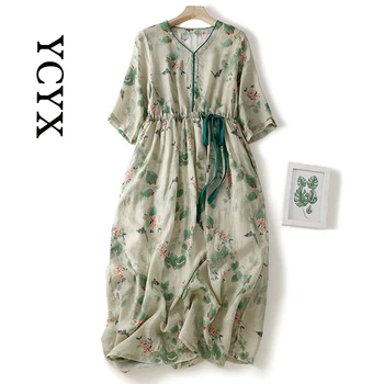 YCYX Girl Art Print Dress, красивое хлопковое льняное весеннее женское новое платье с цветочным рисунком, свободное платье с длинными рукавами, платье миди