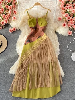 YuooMuoo Романтическое Кружевное Длинное платье в стиле пэчворк с цветочным принтом, Женское Элегантное Винтажное вечернее платье на бретельках Robe Femme