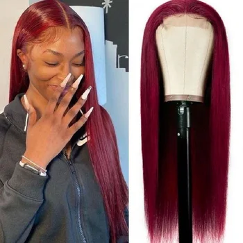 Бразильские волосы Парики с прямыми волосами 99J Кружевной парик Бордово-рыжие парики с прямыми кружевами 4x4 для черных женщин с мягкими волосами оптом