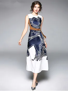 Бренд бренд Лето 2022 платье женские без рукавов печать с длинным Винтаж взлетно-посадочной полосы Vestidos галстук пояса Высокая Талия тонкий платье макси