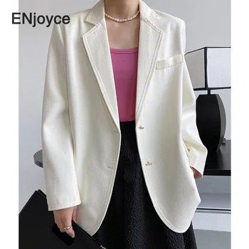Весенне-осенний Винтажный костюм белого силуэта, блейзер, женские корейские повседневные Свободные костюмы с длинным рукавом, офисная Женская рабочая одежда, куртка