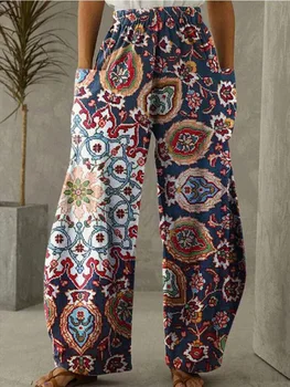 Весенне-осенний женский длинный повседневный стиль, полиэстер, материал 2023, Новые свободные брюки с модным принтом