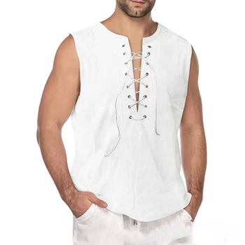 Винтажная мужская рубашка, однотонная льняная блузка на шнуровке с V-образным вырезом, уличная одежда, повседневные футболки без рукавов, топы в стиле Ретро, Camisa Masculina Для мужчин