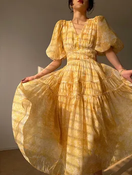 Винтажное женское платье с желтым принтом, V-образный вырез, Короткий рукав, Высокая талия, складки, Элегантное Длинное платье, женская летняя модная одежда 2023