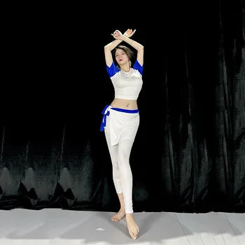 Восточный Танец Живота Модальное Тренировочное Платье Костюм-Тройка Национальный Танец Живота Двухцветный Топ Для Танца Живота Брюки Полотенце Для Бедер 2023