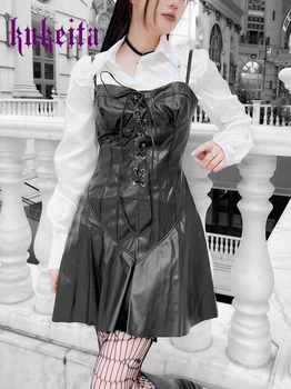 Готическое Черное Мини-платье из Искусственной Кожи на шнуровке в стиле Пэчворк, Сексуальное Платье на бретельках С Высокой Талией, Панк, Винтажное Женское платье E-girl Grunge, Уличная Одежда