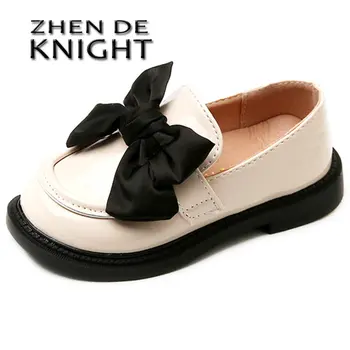Детская кожаная обувь 2023, Весенние Новые туфли Принцессы с бантом и круглым носком Для девочек, Детская Модная Повседневная обувь, Размер 26-36